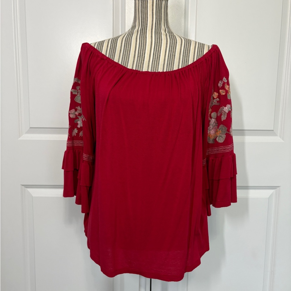 Altar'd State Red Off-Shoulder Blouse with Floral Sleeves
